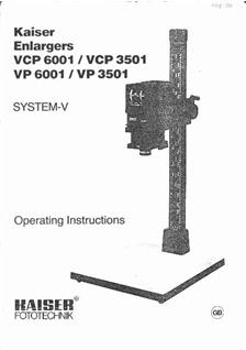 Kaiser VP/VCP/VPM Enlargers manual. Camera Instructions.
